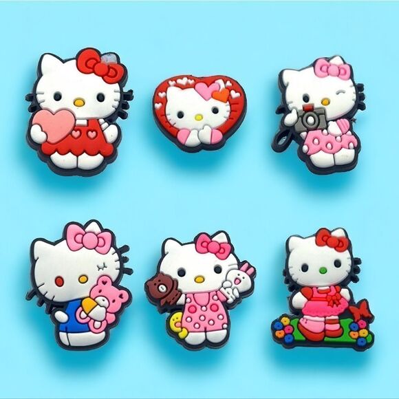 😺 Hello Kitty 6-Pack Shoe Charms White Cat Flip Flop Jewelry Hearts Camera Bear - Picture 3 of 5